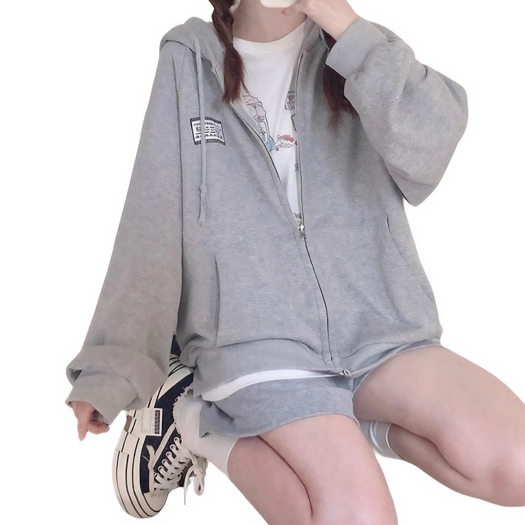 Casual outfit featuring vintage patch hoodie with T-shirt and shorts
